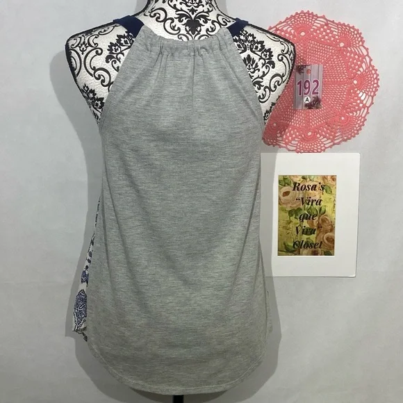 Xhilaration Tank Top Cream and Blue Print and Grey Back Small - Picture 4 of 9
